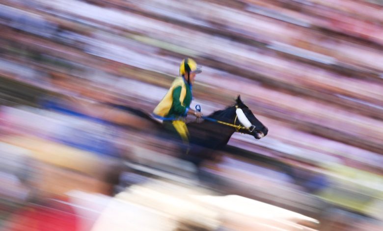 Palio di Siena at yarışında çamurlu pistte tam hızla koşan at ve yeşil-sarı renkli jokey